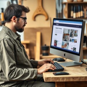 Ein Handwerker mit Brille und Bart sitzt am Tisch auf dem ein Computer steht