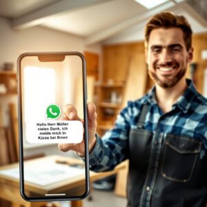 Schnelle Kundenkommunikation Ein Handwerker hält sein Handy in der Hand. Auf dem Bildschrim des Handy`s ìst eine WhatsApp Nachricht zu sehen