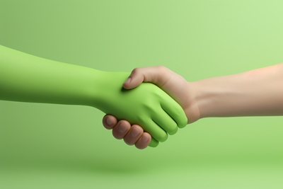 Eine grüne Hand drückt eine andere hand
