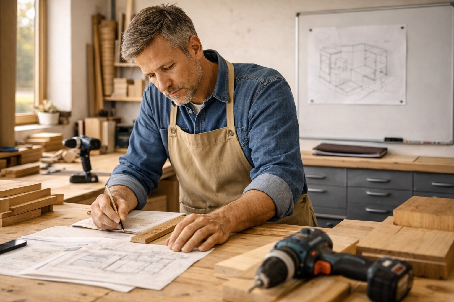 Schreiner angespannt am arbeiten